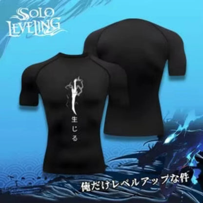 Maglietta compressiva Jin Woo Solo Leveling Anime Muscleshirt sportivo, con design dettagliato e grafica ispirata all'anime.