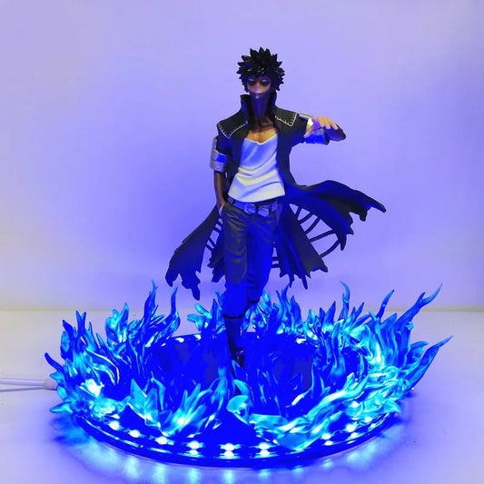 Figura anime Dabi da My Hero Academia, action figure PVC di 17cm con scena di fuoco blu e luci LED, dettagli realistici.
