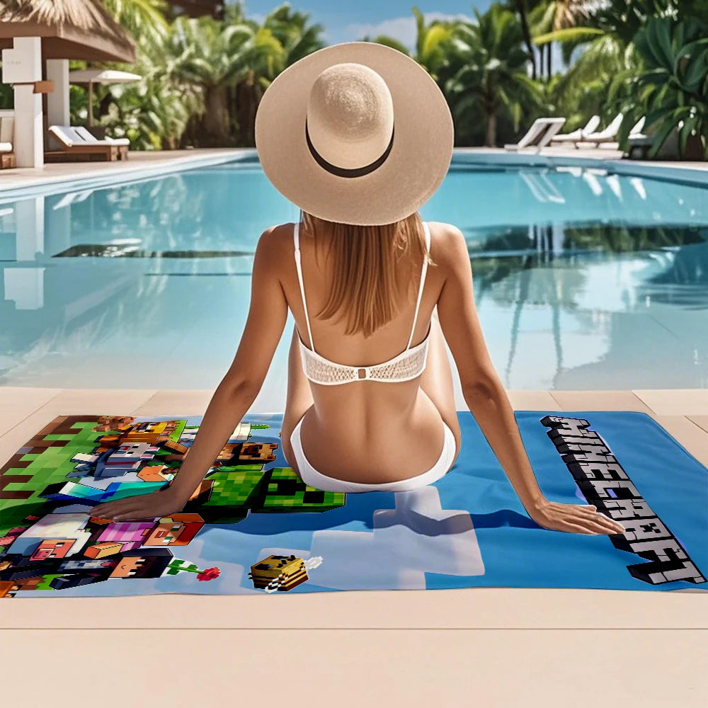Asciugamano mare Minecraft in microfibra ultra assorbente con design a blocchi colorati, ideale per spiaggia e piscina.