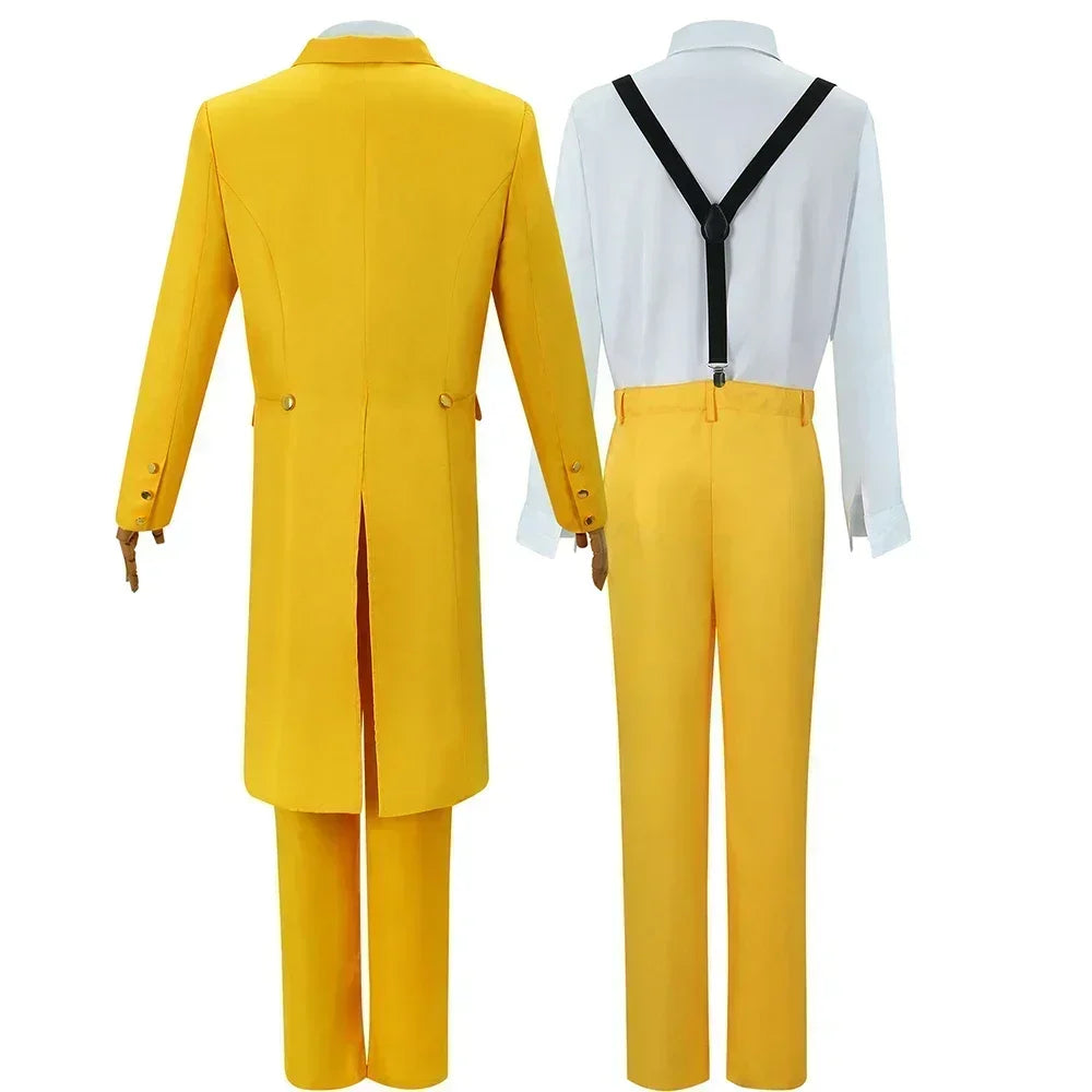 Costume cosplay di Jim Carrey con maschera verde e uniforme gialla, adatto a adulti per Halloween o performance.