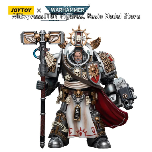 Figura d'azione Warhammer 40K Grey Knights Grand Master Voldus Caddon Vibova, dettagliata e articolata, con armatura e arma.