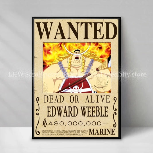 Figura d'azione One Piece Anime Wanted Notice gialla decorativa murale, alta qualità, dettaglio vibrante, di Otaku Family Store Online.